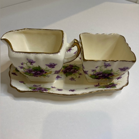 Vtg James Kent Bone China Cream, Sugar and Tray to Hold Both Purple Flowers - Picture 3 of 14